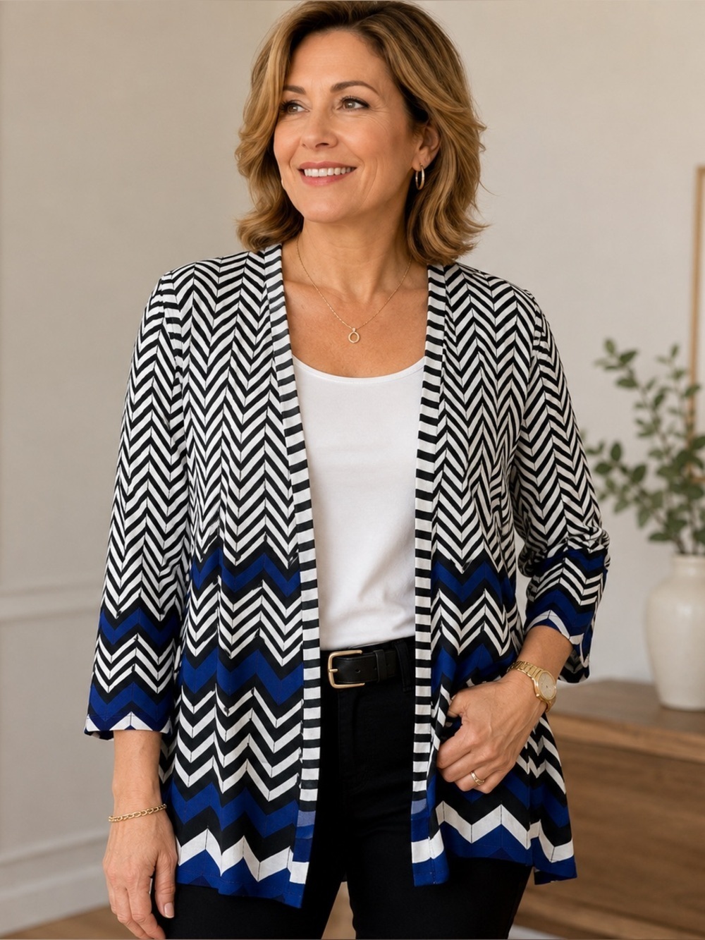 Chico’s chevron print white/blue/black open front cardigan
